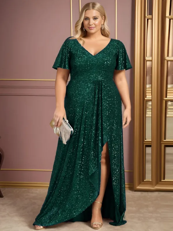 Custom Size Shiny Sequin High Slit V-Neck Short Sleeve Evening Dress sold by Ever Pretty