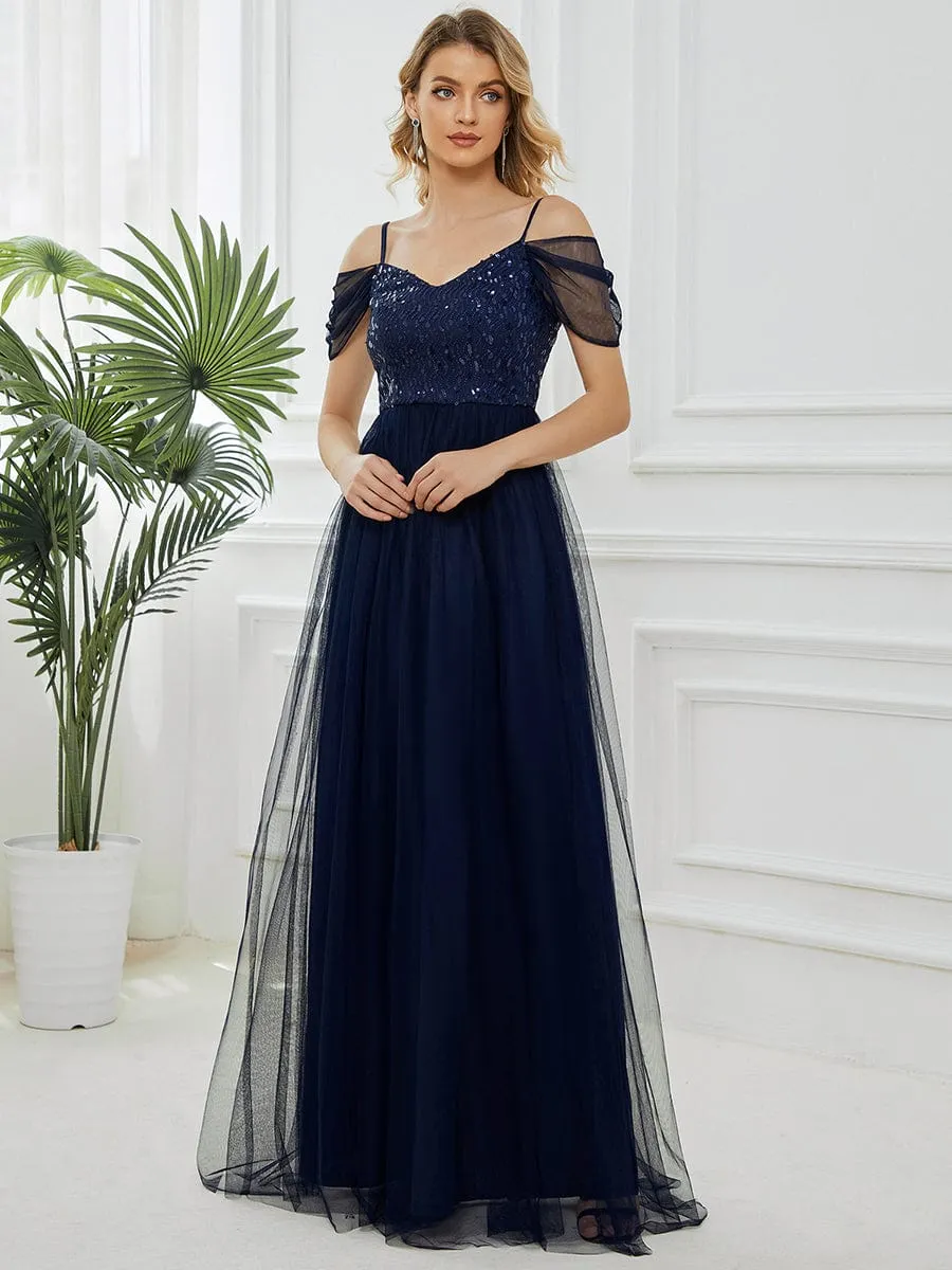 Custom Size Sequin Bodice Cold Shoulder Floor Length Tulle Bridesmaid Dress sold by Ever Pretty product image thumbnail 4