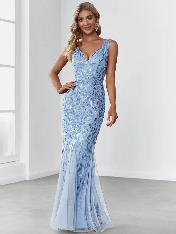 Sleeveless Deep V-Neck Fishtail Leaf Sequin Evening Dress sold by Ever Pretty