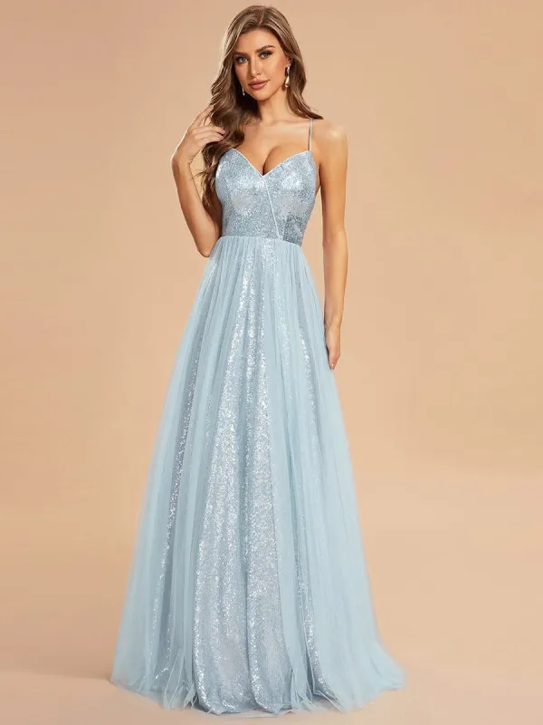 Custom Size Sparkly Spaghetti Strap A-Line Back Lace-Up Prom Dress with Tulle sold by Ever Pretty