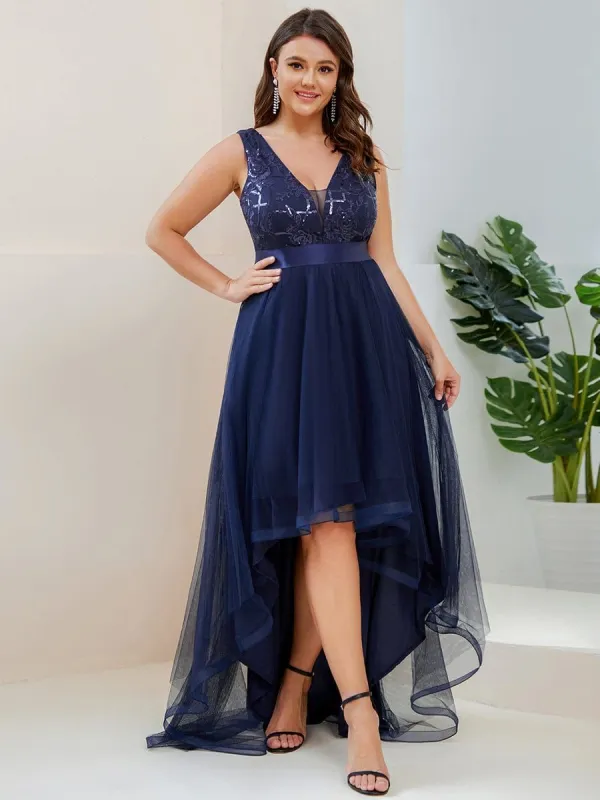Plus Size Sequin High-Low Deep V Neck Tulle Prom Dresses sold by Ever Pretty