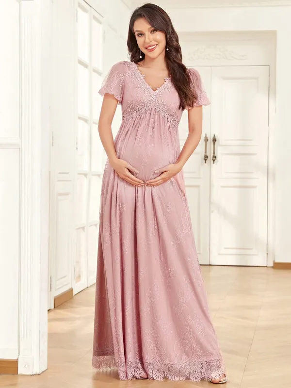 Short Sleeve Lace Bohemian V-Neck Side Slit A-Line Maternity Dress sold by Ever Pretty