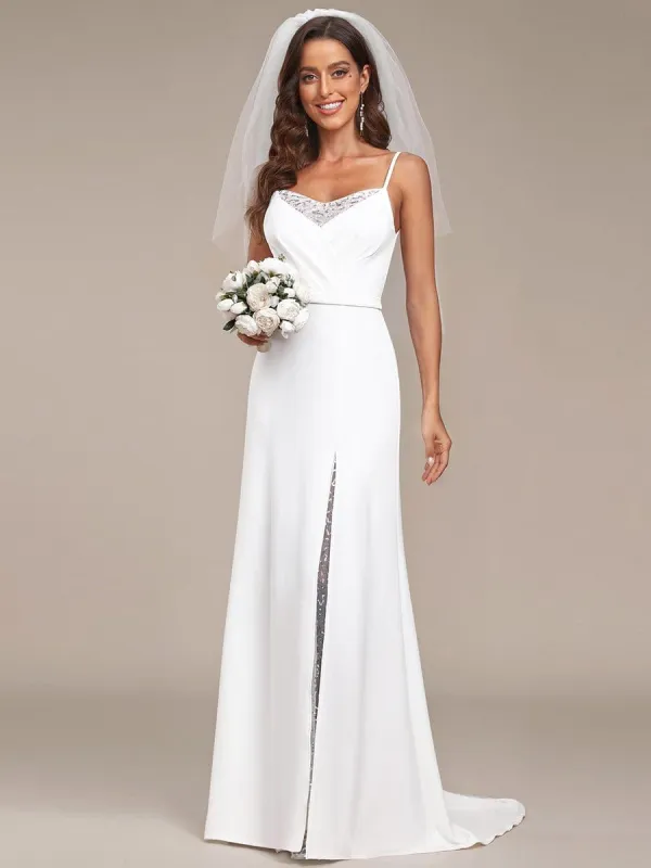 V-Neck Spaghetti Strap Lace A-Line Front Slit Wedding Dress sold by Ever Pretty