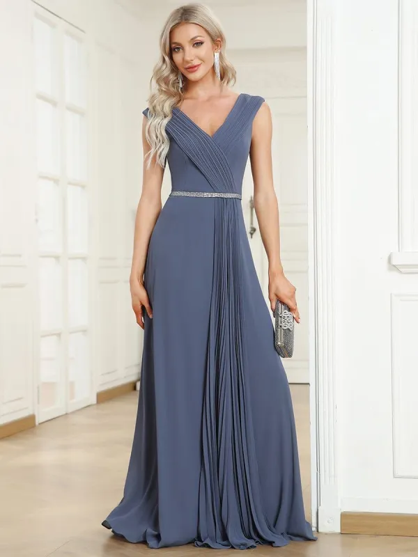 Sleeveless Pleated V-Neck Draped Chiffon Sequin Evening Dress sold by Ever Pretty