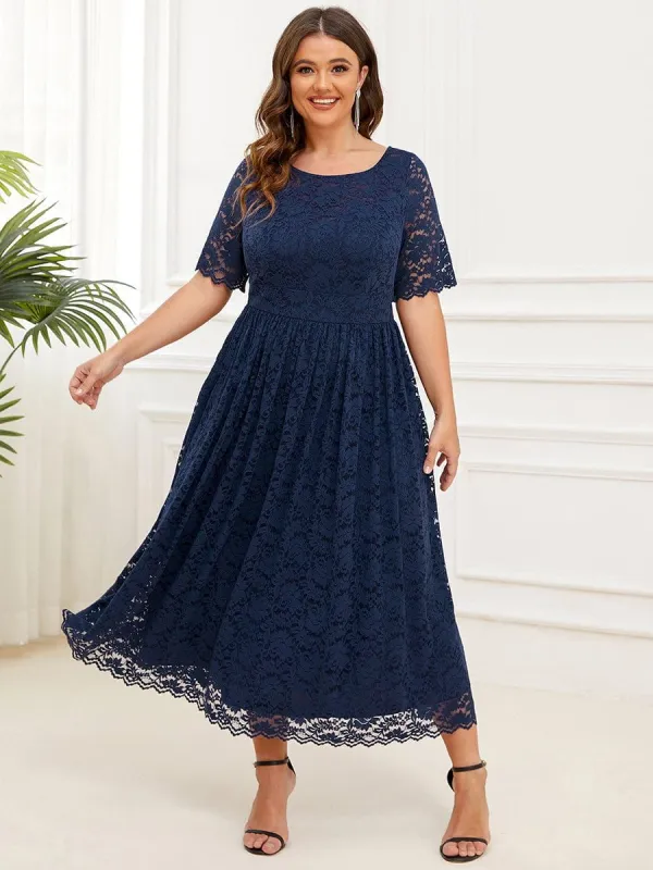 Plus Size Lace Pleated Scoop Neck Short Sleeve Evening Dress sold by Ever Pretty
