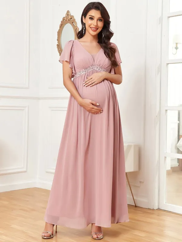 Chiffon Lace Empire Waist Short Sleeve Pleated Maternity Dress sold by Ever Pretty