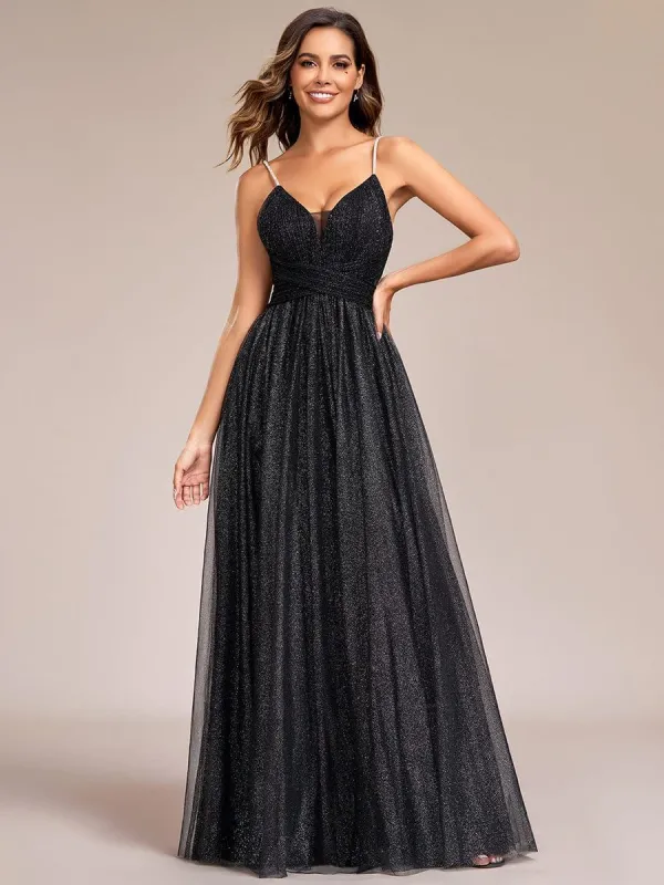 Glittering Sleeveless Spaghetti Straps V-Neck Open Back Evening Dress sold by Ever Pretty