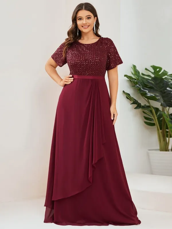 Plus Size Sequin Short Sleeve Belted Waist Chiffon Mother of the Bride Dress sold by Ever Pretty
