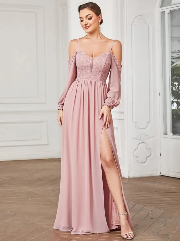 Lace Cold Shoulder Long Sleeve Chiffon Front Slit Bridesmaid Dress sold by Ever Pretty