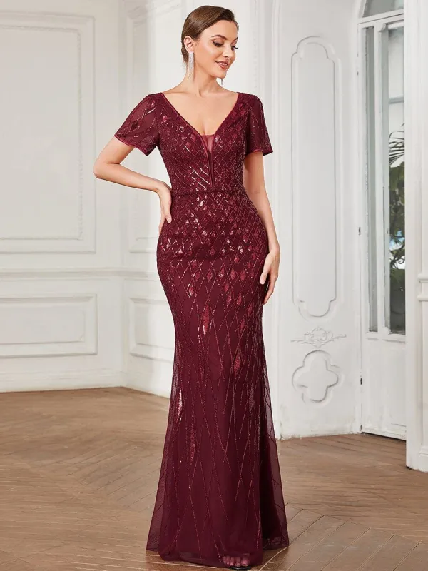 Illusion V-Neck Sequin Short Sleeve Bodycon Evening Dress sold by Ever Pretty