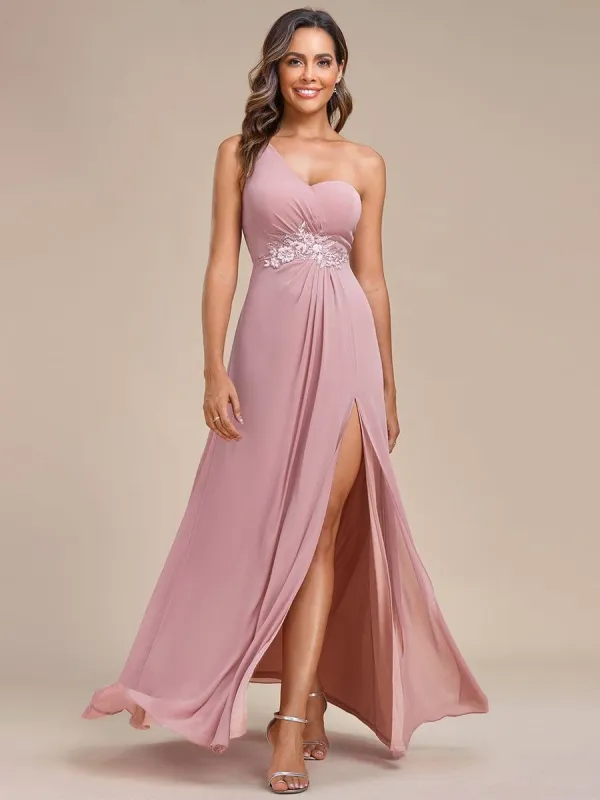 Waist Applique One-Shoulder A-Line Bridesmaid Dress with High Slit sold by Ever Pretty