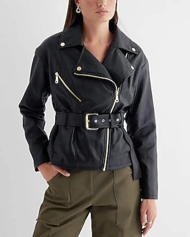 Express Women's Faux Leather Belted Moto Jacket in Black XS made by Express