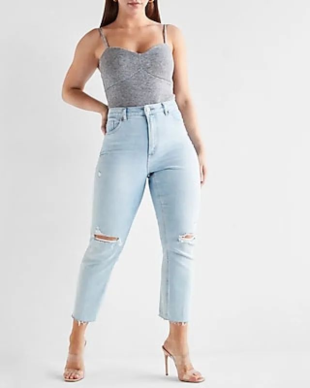 Express Women's Curvy Super High Waisted Ripped Mom Jeans in Light Wash made by Express