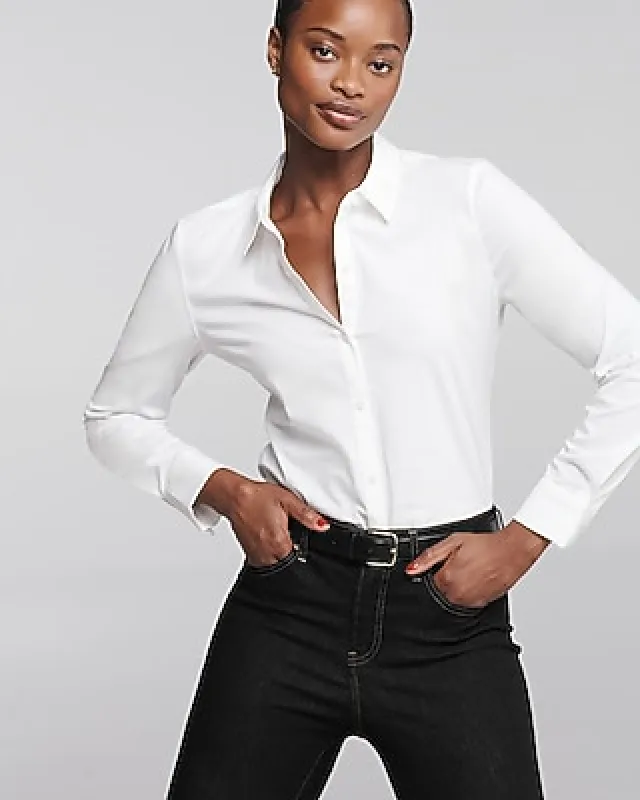 Express Women's Stretch Cotton Poplin Fitted Portofino Shirt in White Small made by Express
