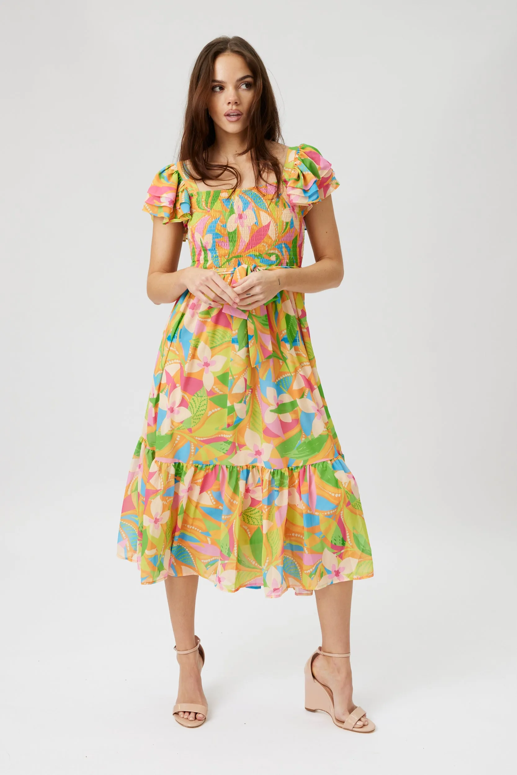 SALE - Olivia Printed Smocked Bodice Midi Dress sold by fab'rik