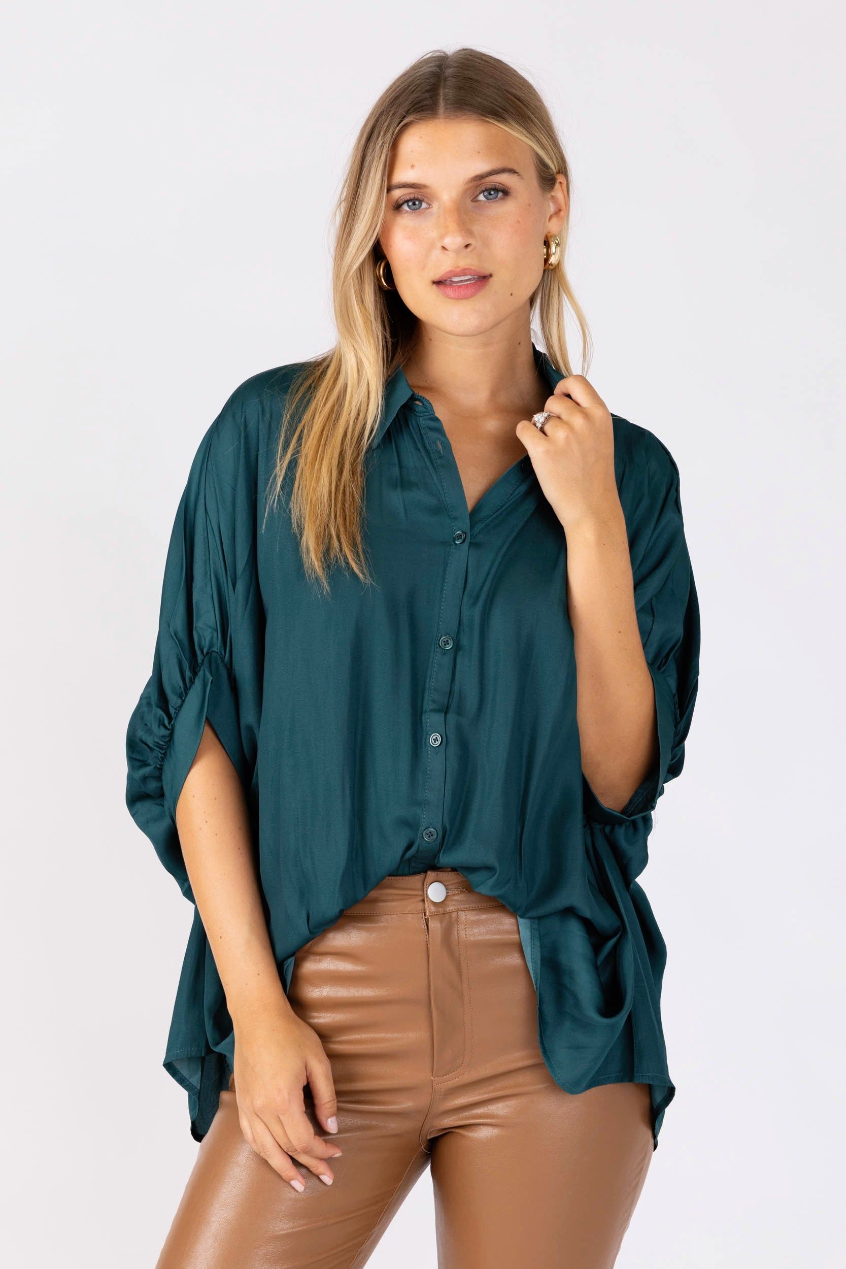 Jessie Boxy Satin Button Down Top sold by fab'rik