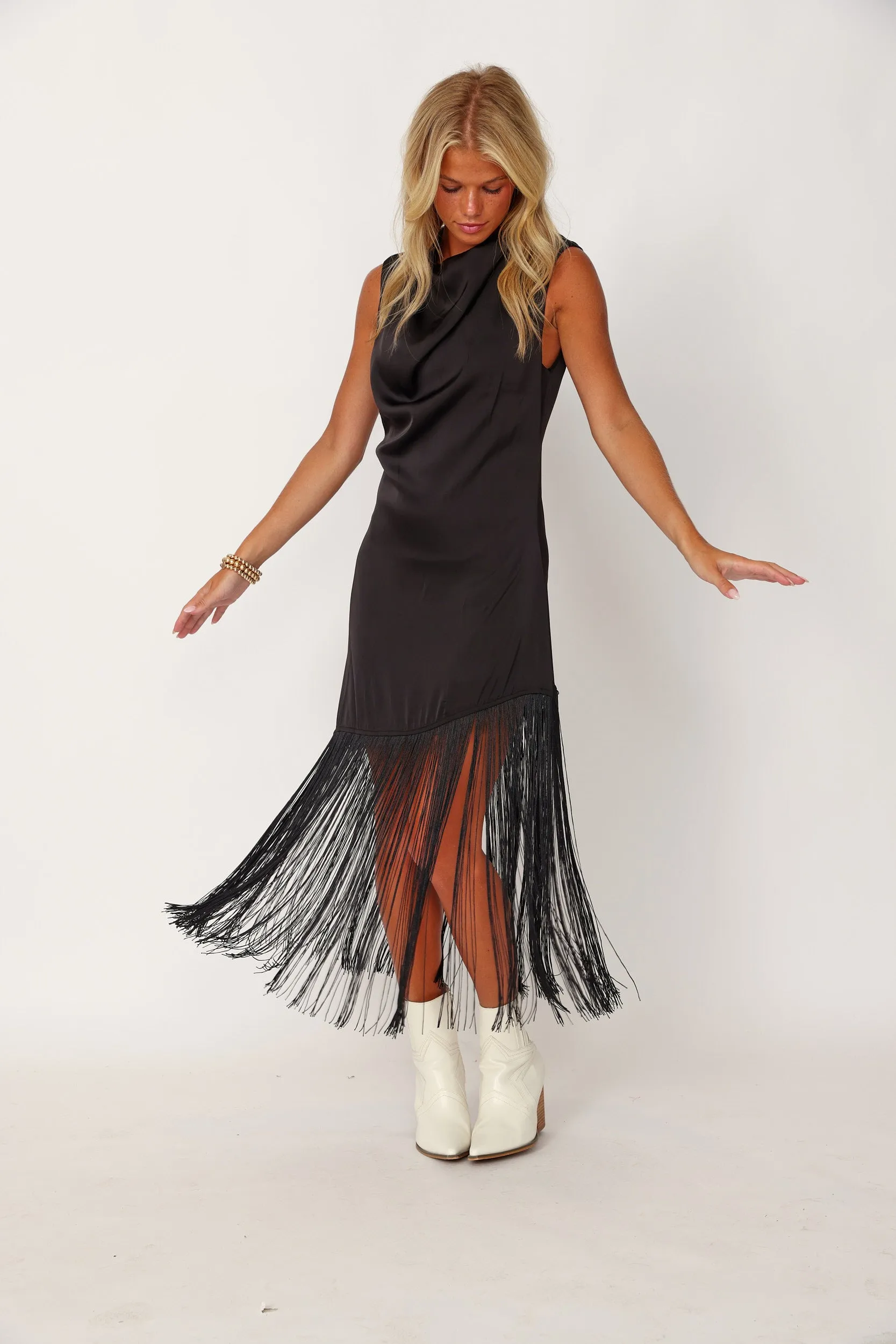 Kyron Fringed Hem Cowl Neck Midi Dress sold by fab'rik product image thumbnail 4