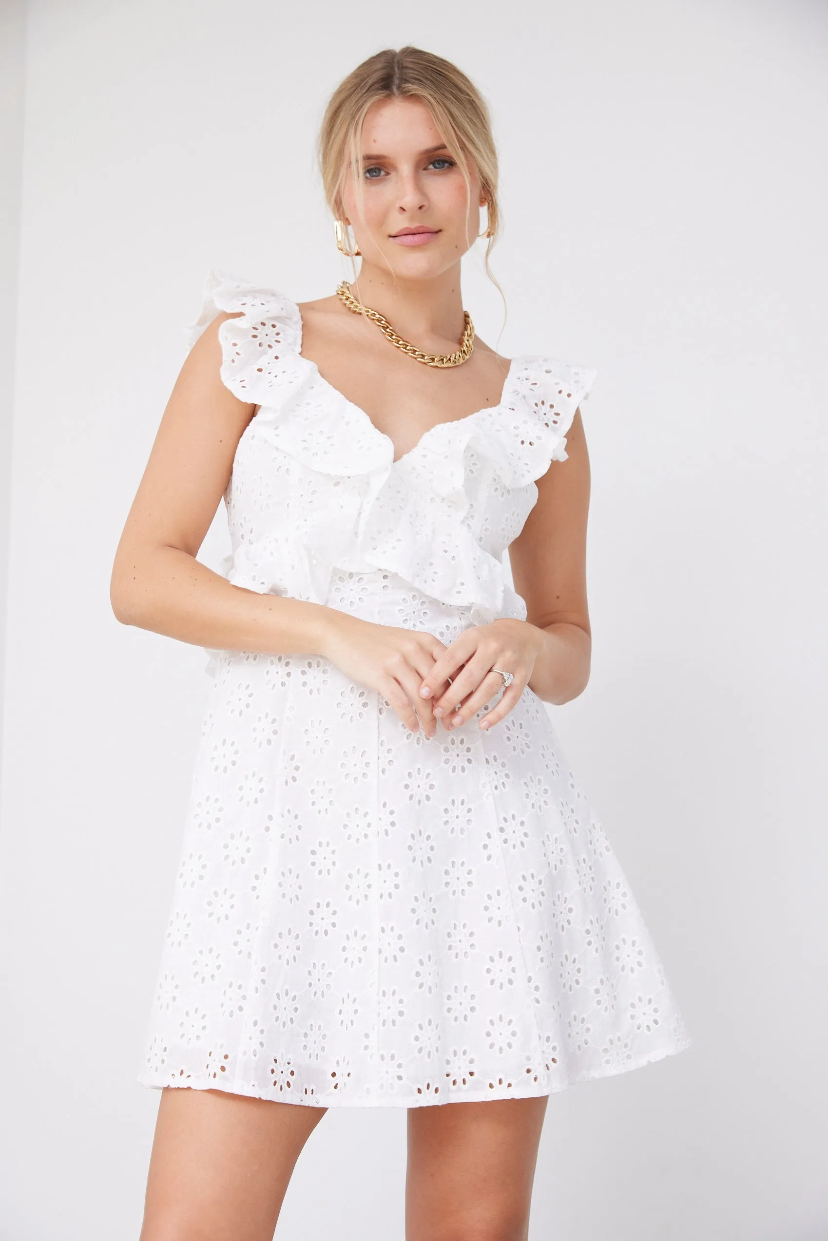 Jesse Ruffled Eyelet Mini Dress sold by fab'rik