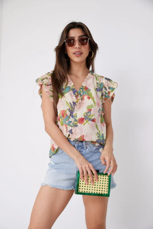 SALE - Diaz Pleated Sleeve Ruffle Print Top sold by fab'rik