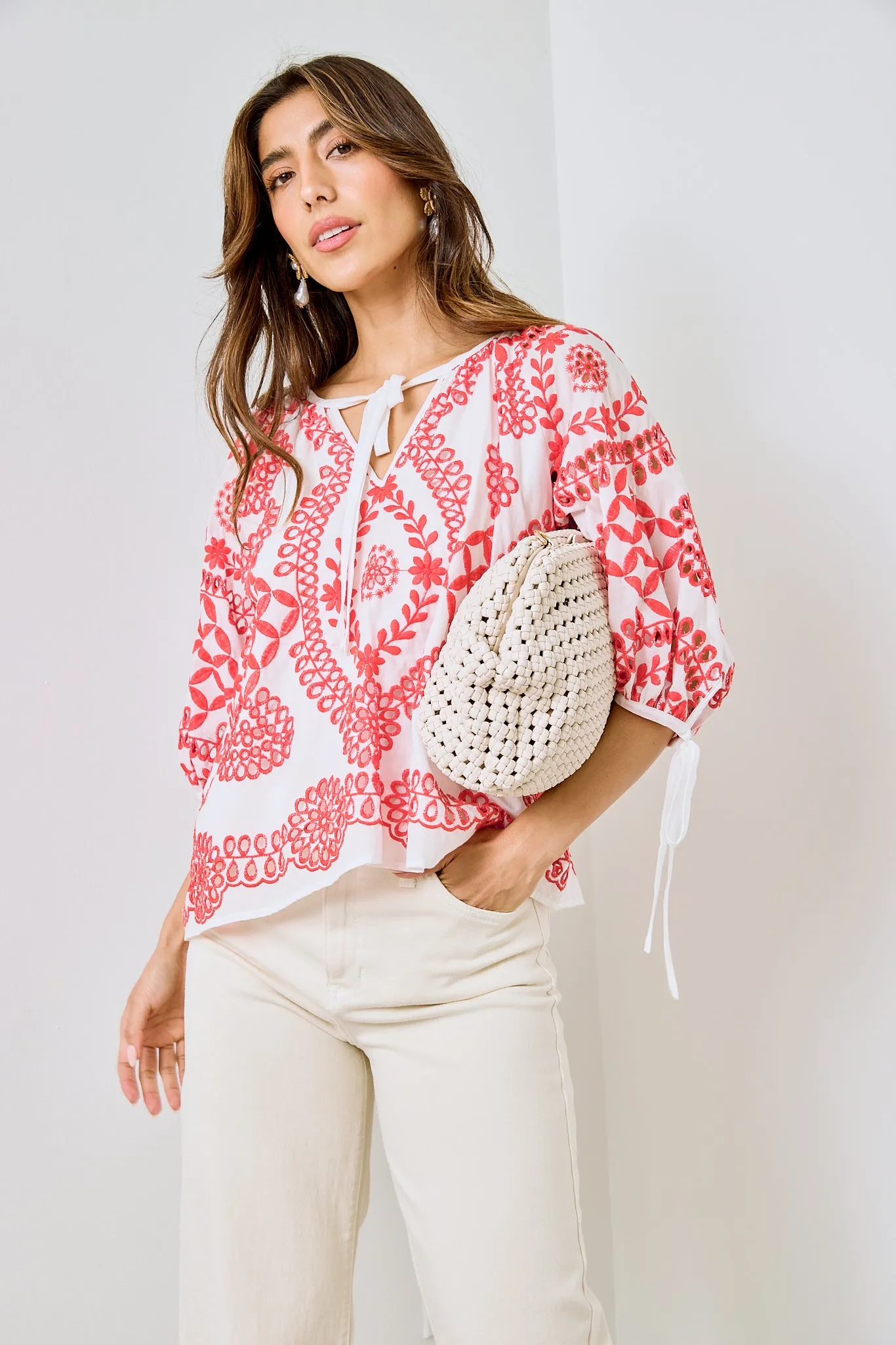 Jose Embroidered Cotton V Neck Top sold by fab'rik
