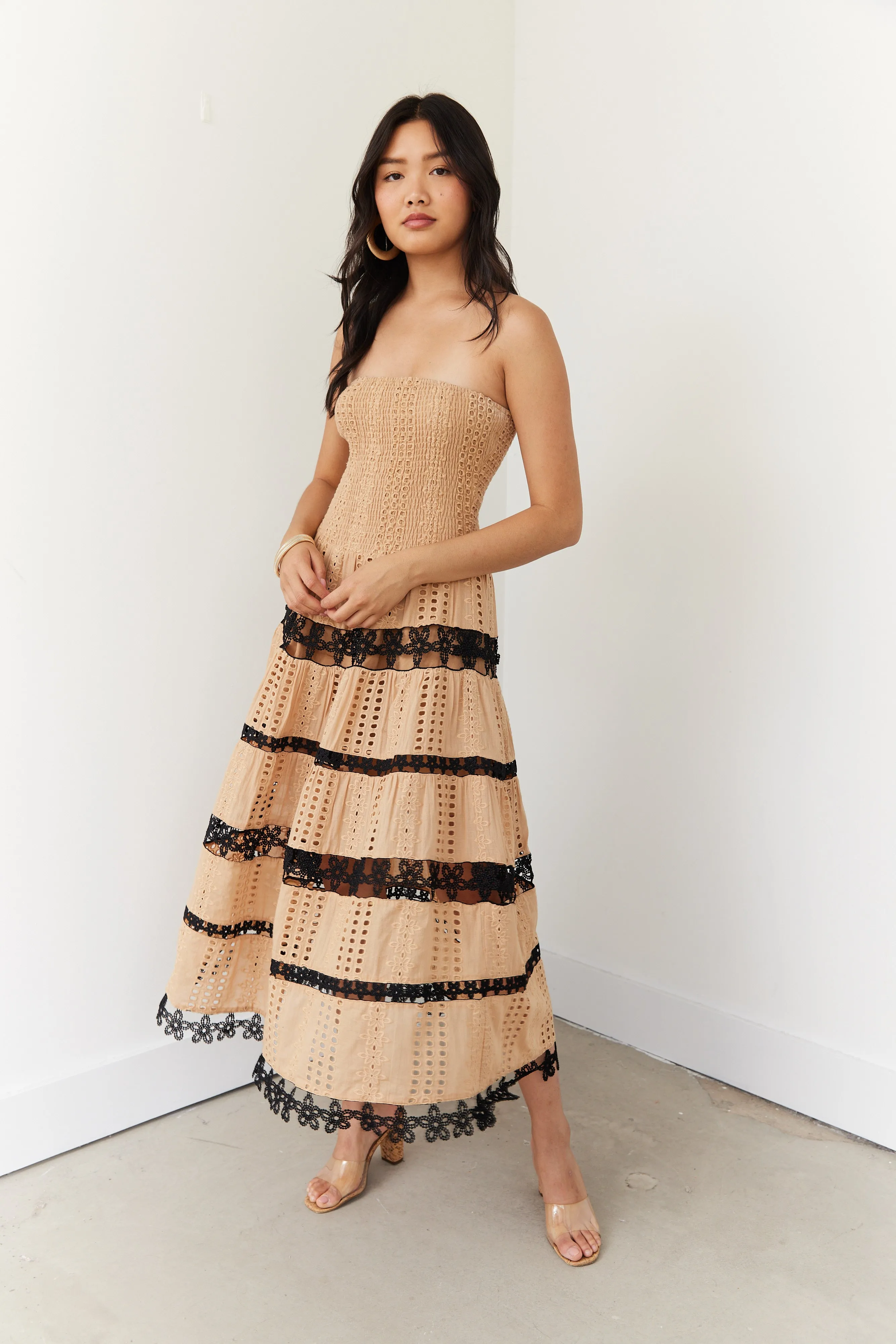 SALE - Chelsey Color Block Smocked Eyelet Midi Dress sold by fab'rik