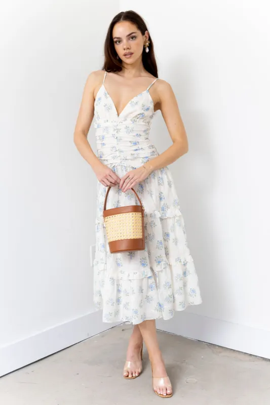 Kendra Ruched Bodice Floral Midi Dress sold by fab'rik