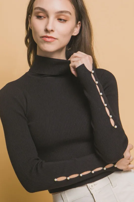 SALE - Olivia Pearl Sleeve Detail Ribbed Turtleneck sold by fab'rik