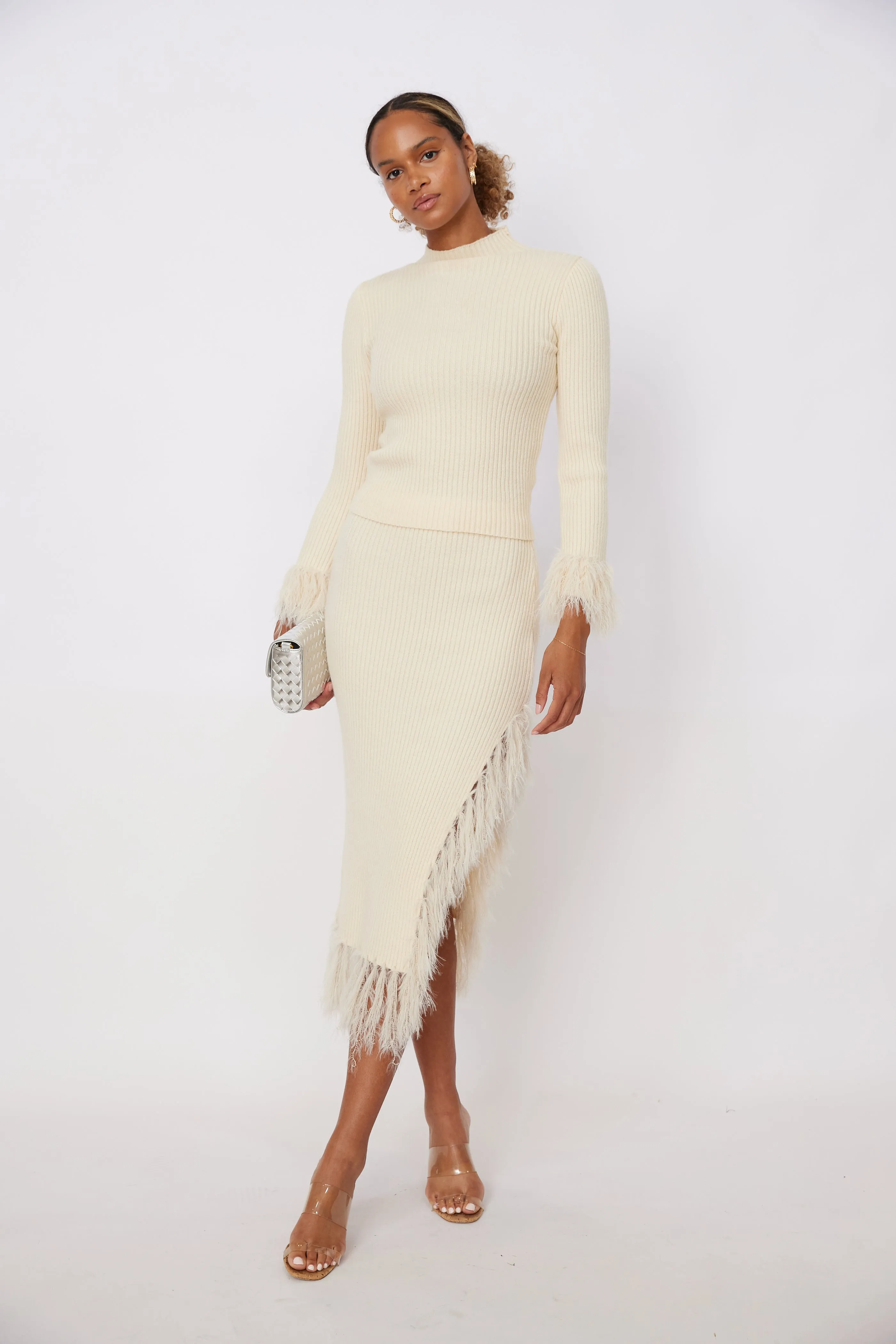 Zach Feathered Fringe Asymmetrical Slit Skirt sold by fab'rik