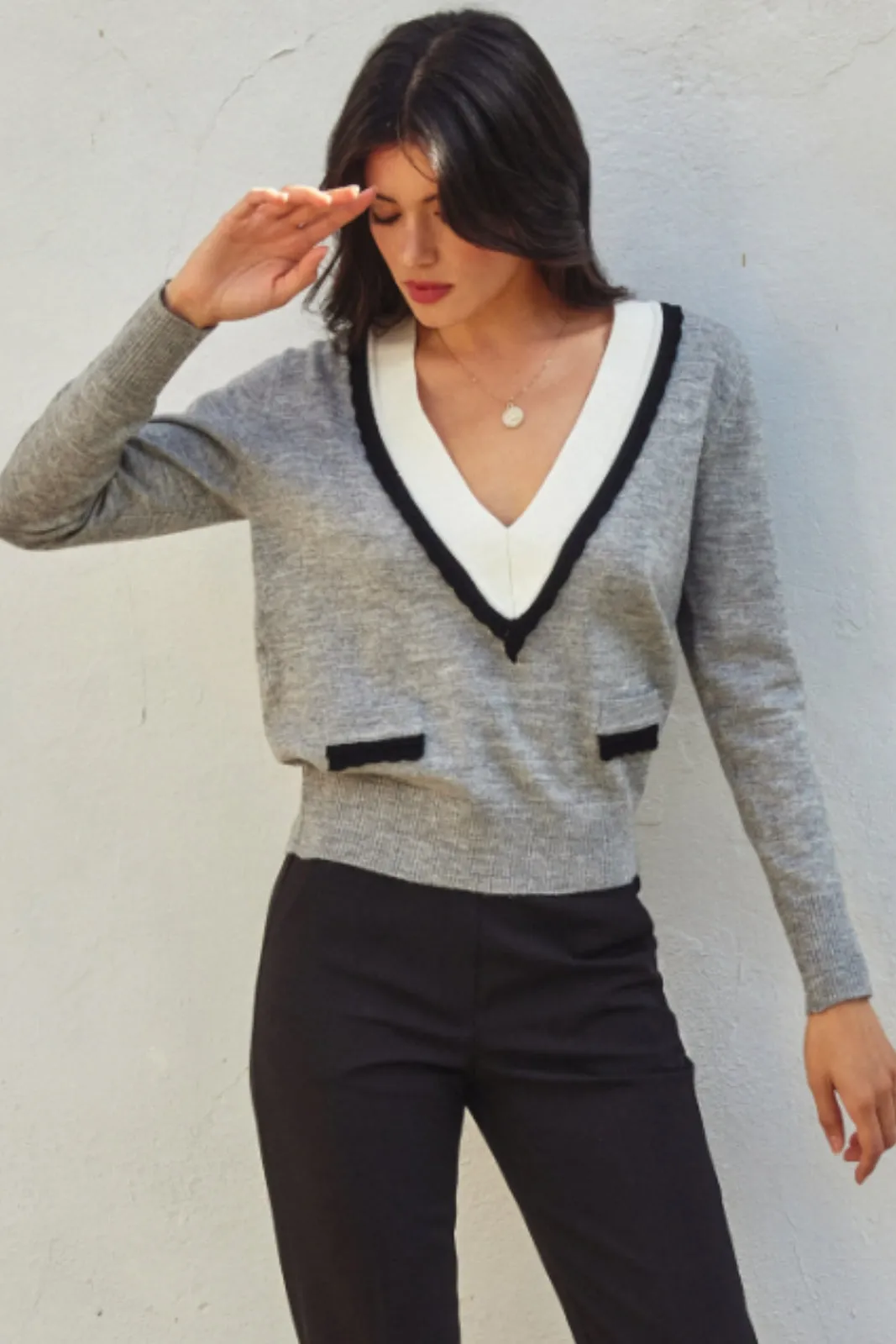 SALE - Ayden Contrast Deep V Sweater sold by fab'rik