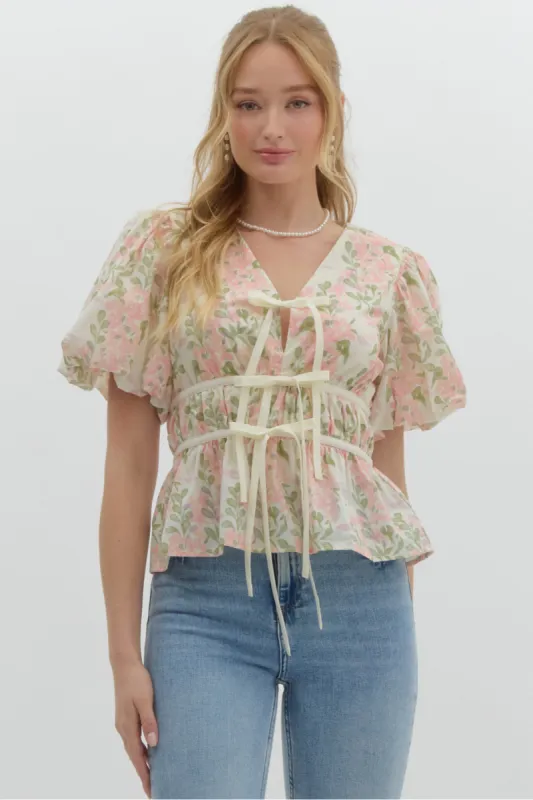 Cindy Floral Lace-Up Blouse sold by fab'rik