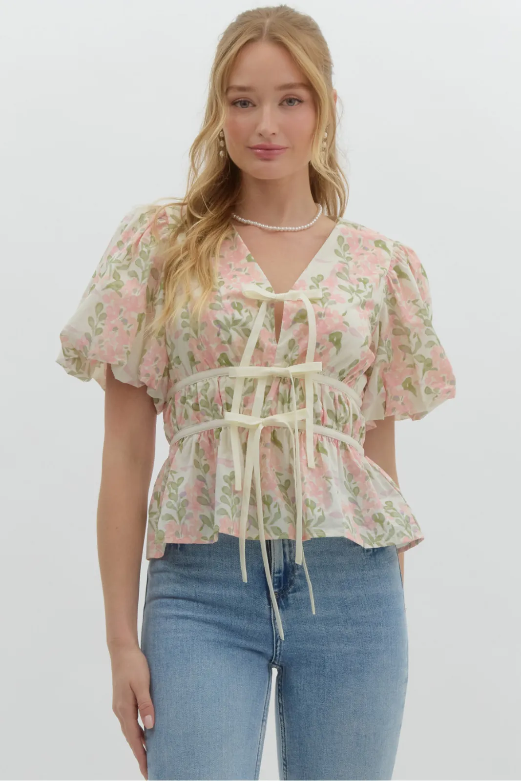 Cindy Floral Lace-Up Blouse sold by fab'rik