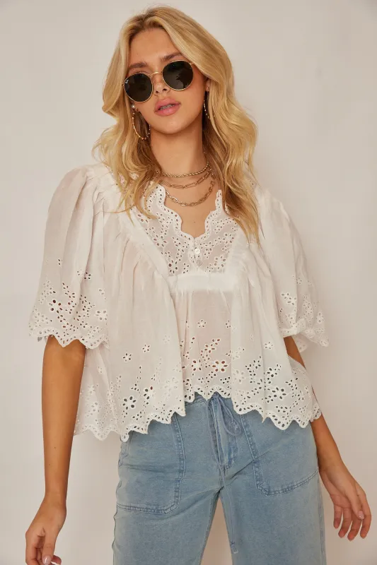 Lula Eyelet Flutter Sleeve Blouse sold by fab'rik