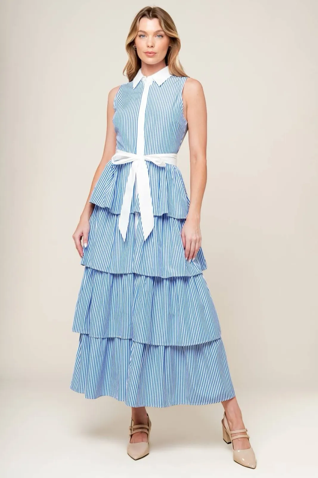 Emily Collared Pleated Stripe Dress sold by fab'rik