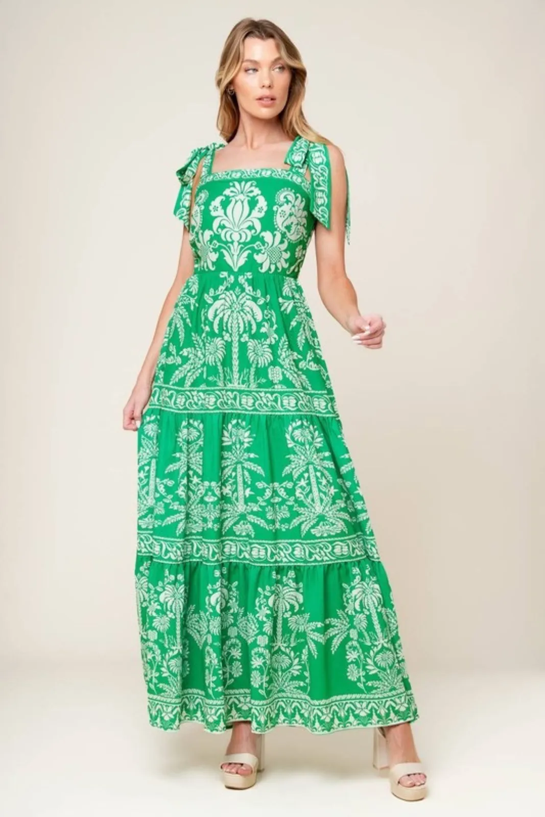 Grayson Palm Tree Print Tie Shoulder Maxi Dress sold by fab'rik