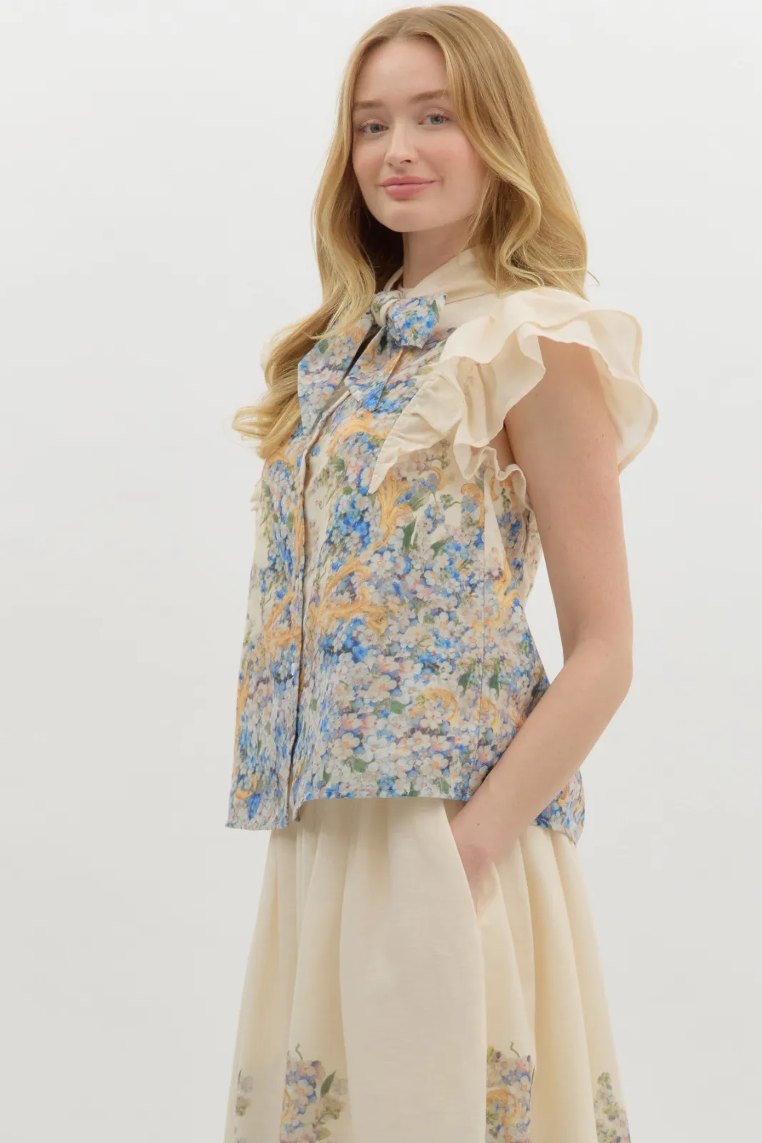 Gabrielle Ruffle Sleeve Collared Floral Top sold by fab'rik