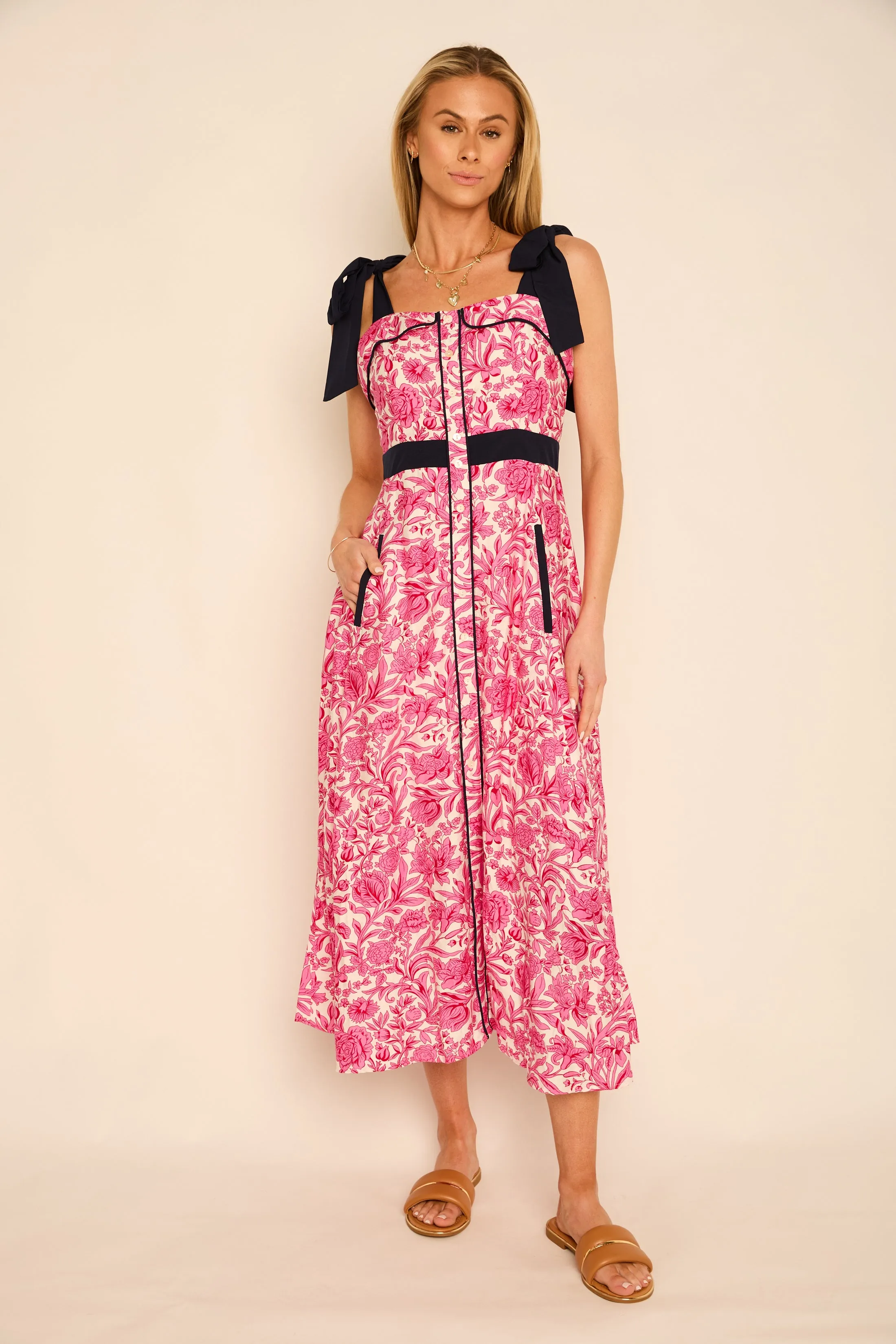 Gabrielle Tie Shoulder Button Up Midi Dress sold by fab'rik