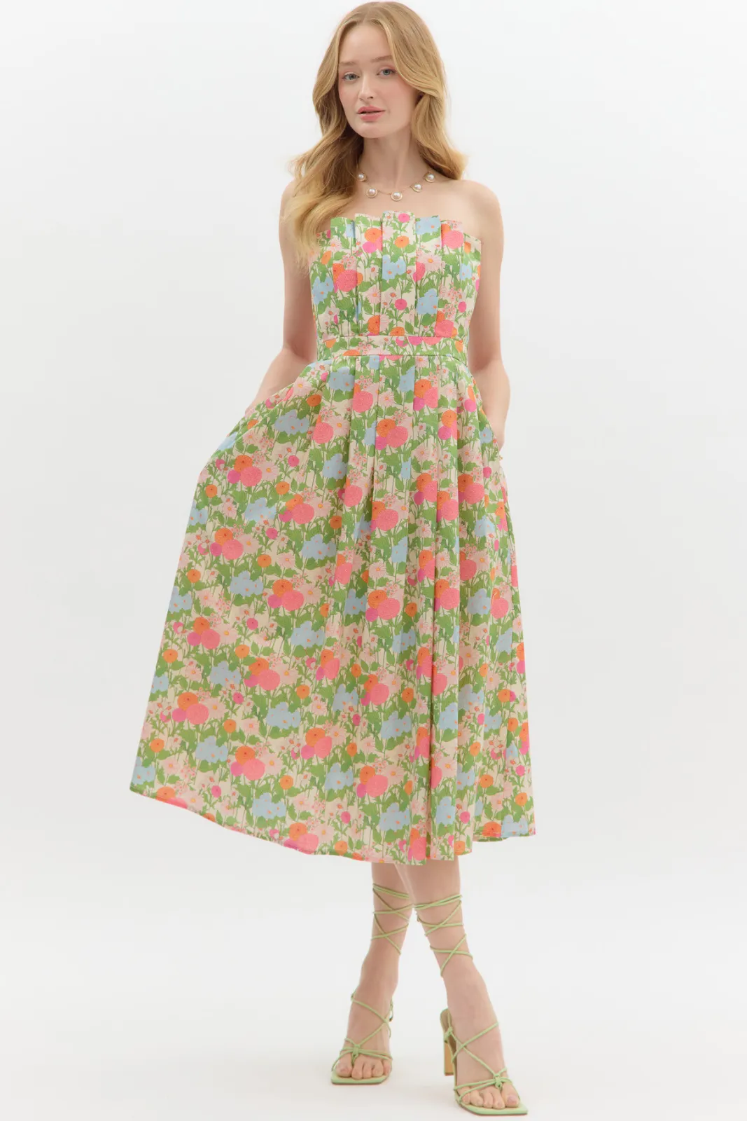 Beatrice Floral Pleated Midi Dress sold by fab'rik