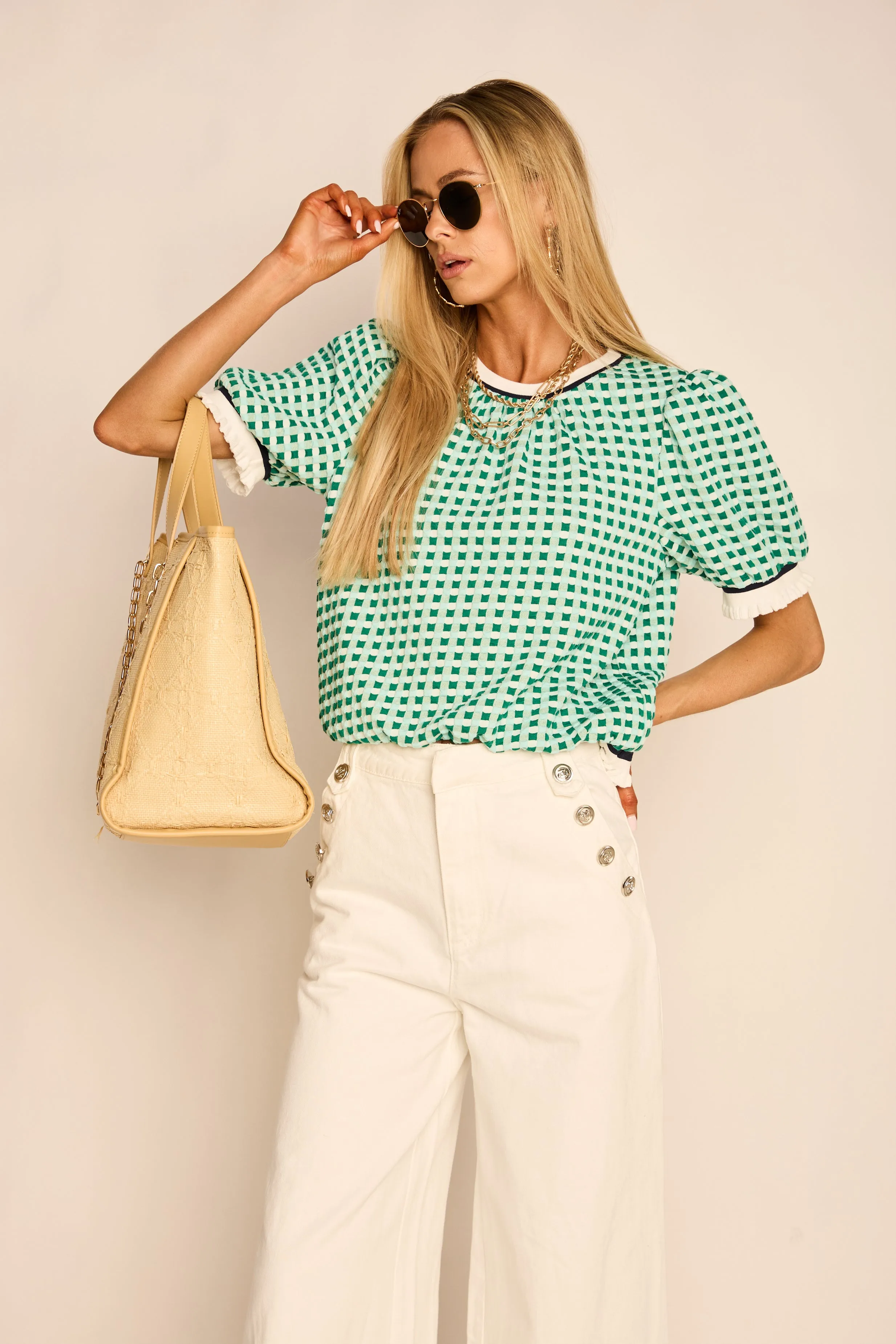 Olsen Puff Sleeve Plaid Knit Top sold by fab'rik