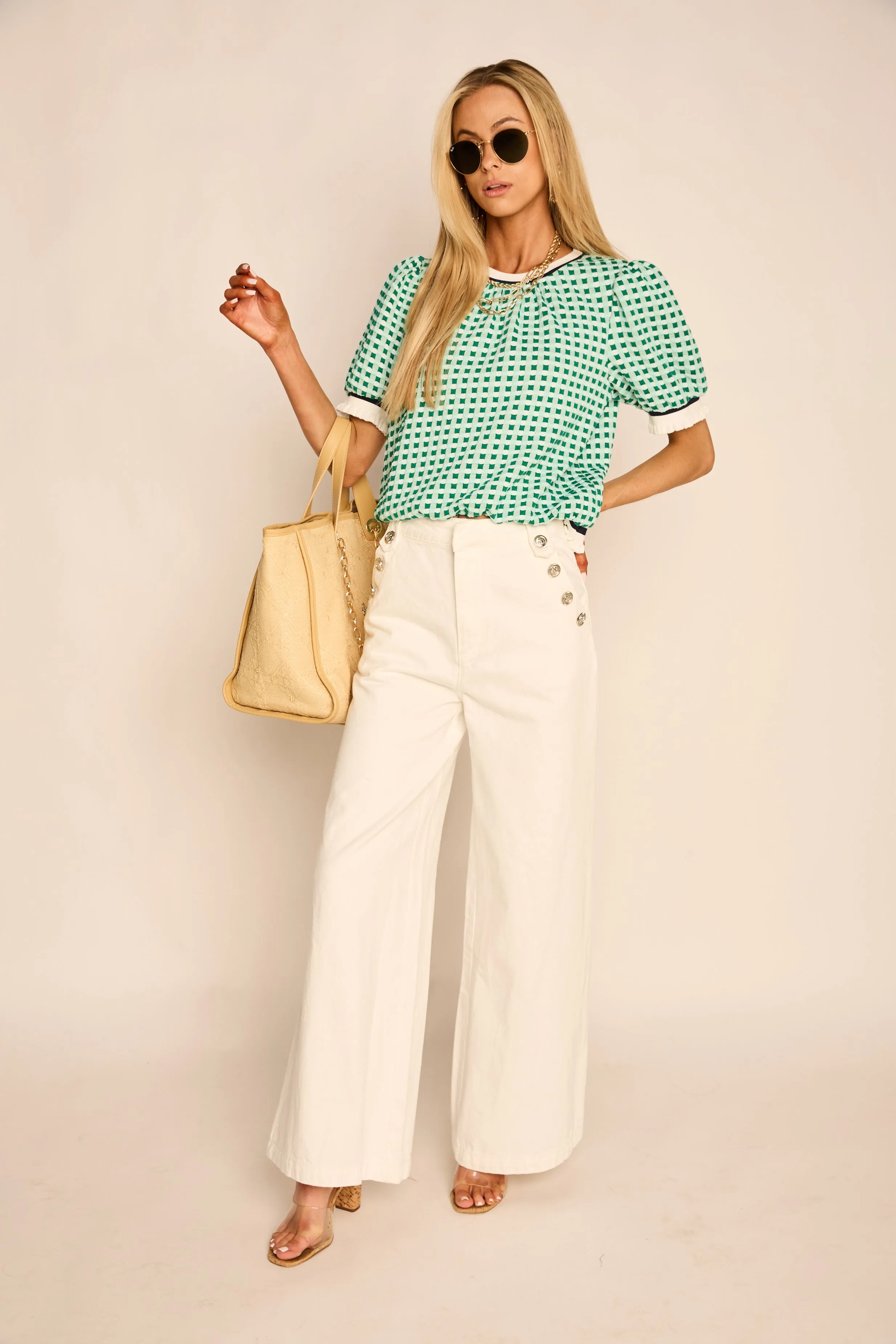 Olsen Puff Sleeve Plaid Knit Top sold by fab'rik product image thumbnail 2