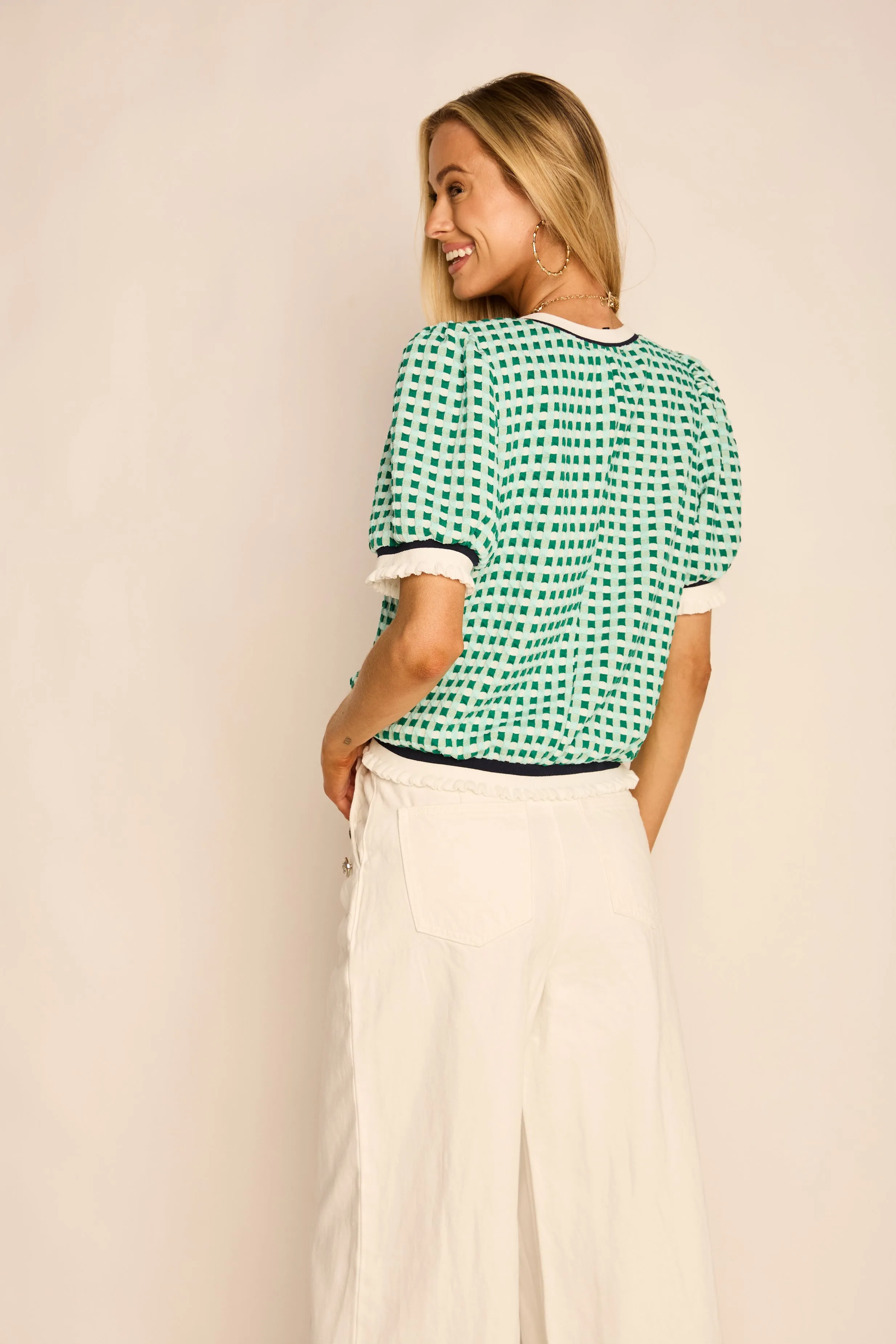 Olsen Puff Sleeve Plaid Knit Top sold by fab'rik product image thumbnail 4