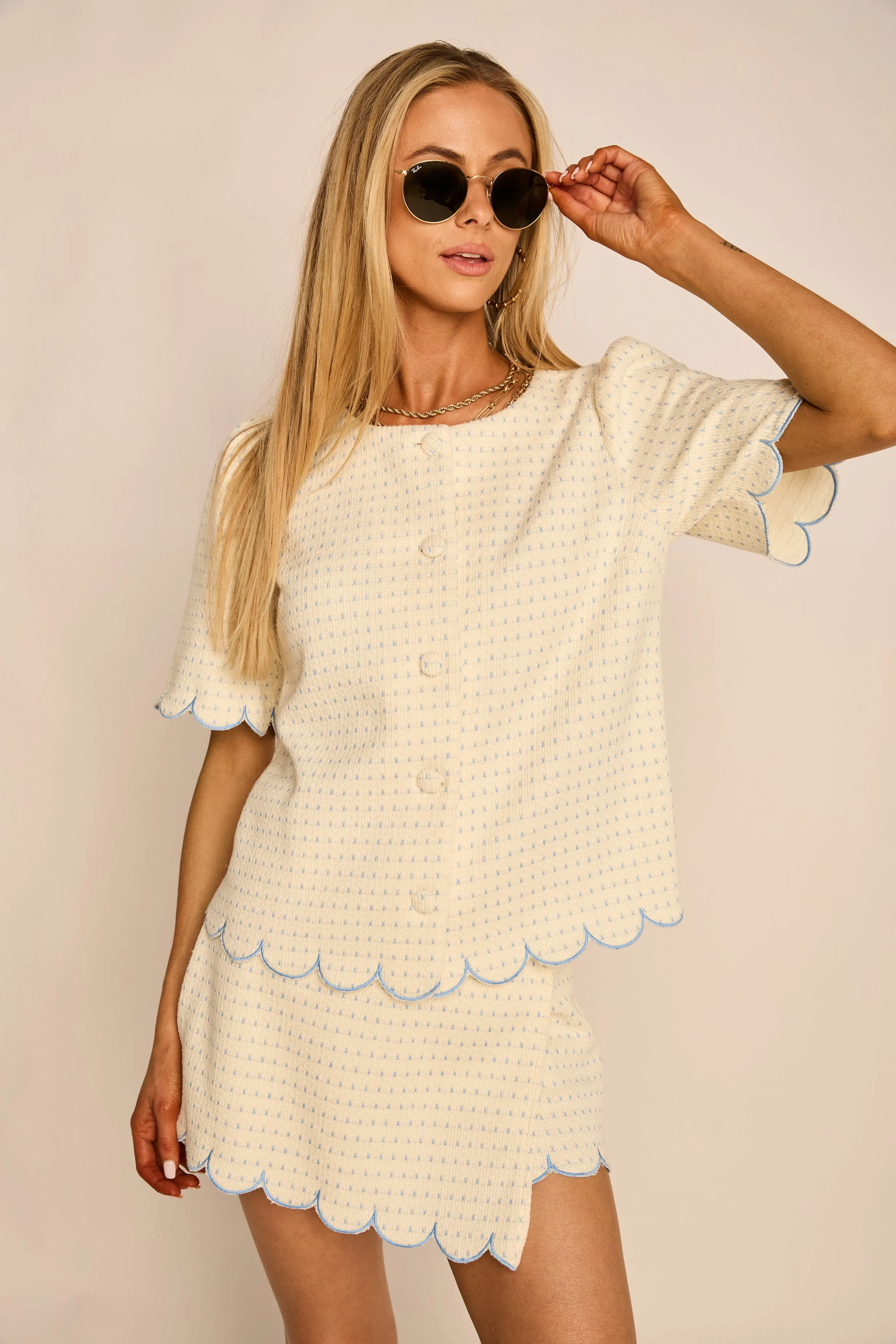 Isabel Embroidered Scallop Detail Button Down Top sold by fab'rik