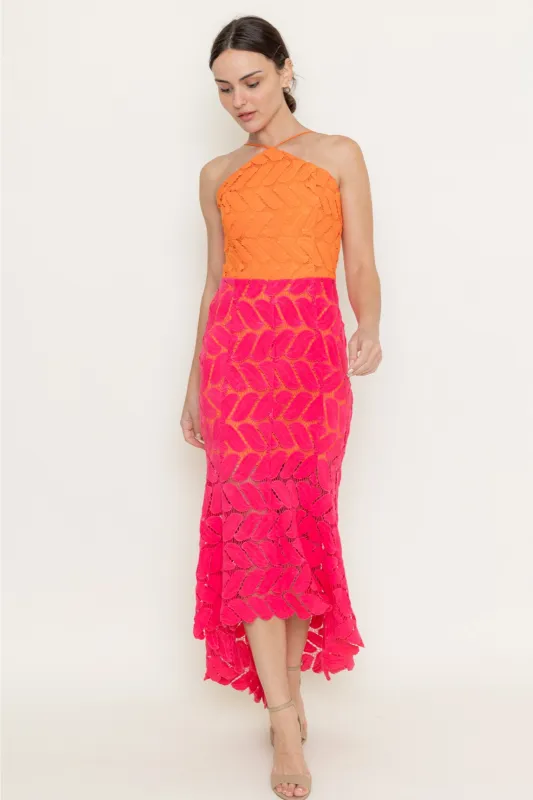 Lawrence Colorblock Crochet Leaf Maxi Dress sold by fab'rik