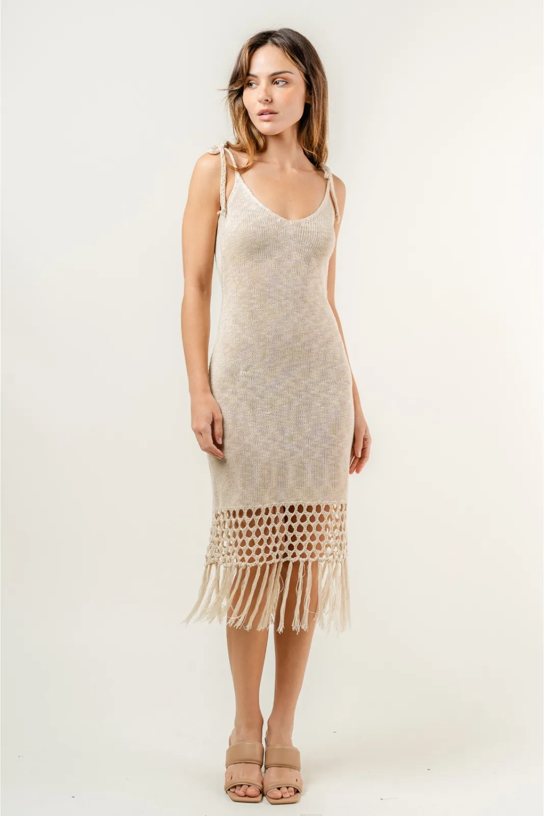 Kami Crochet Tie Strap Fringed Midi Dress sold by fab'rik