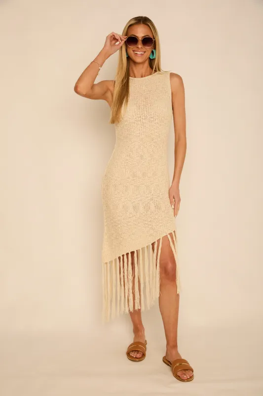 Lola Fringed Asymmetrical Hem Knit Midi Dress sold by fab'rik