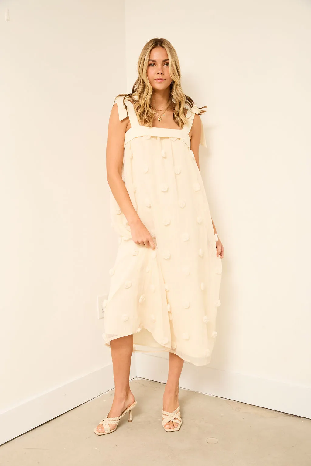 Angelina Floral Embroidery Shoulder Tie Midi Dress sold by fab'rik