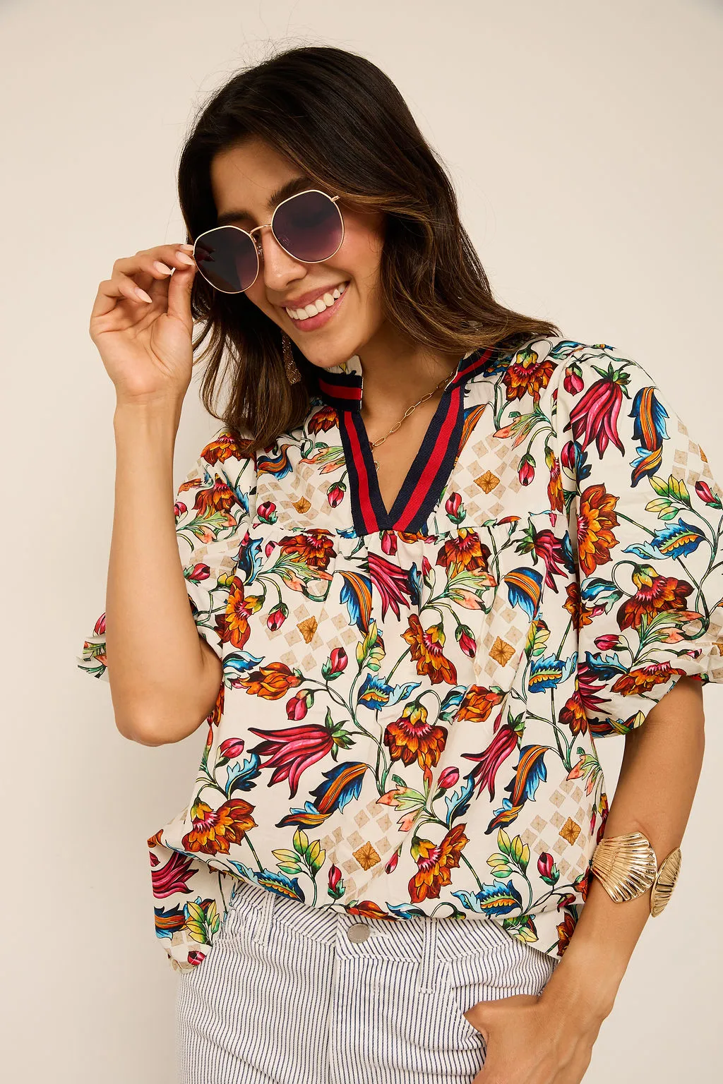 Kendall Stripe Trim Floral Print Top sold by fab'rik