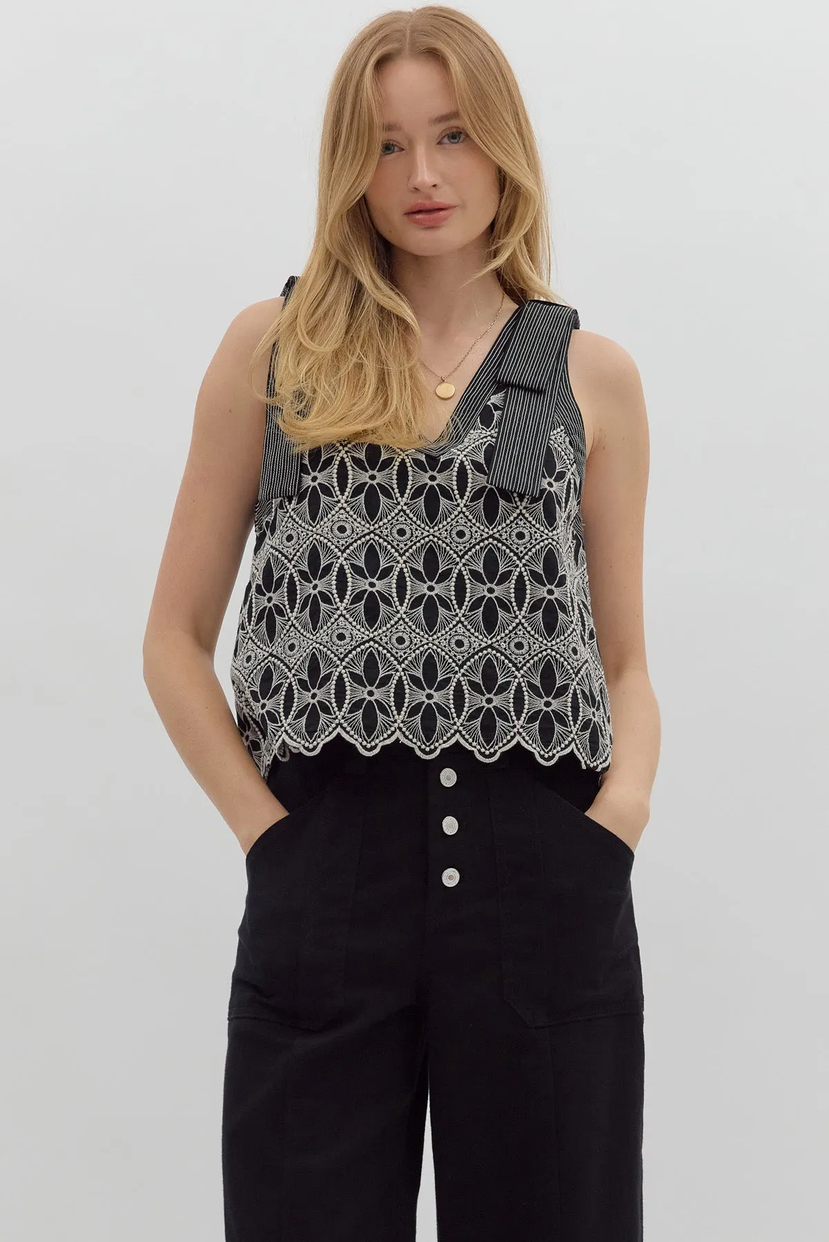 Dylan Embroidered Tie Shoulder Tank sold by fab'rik