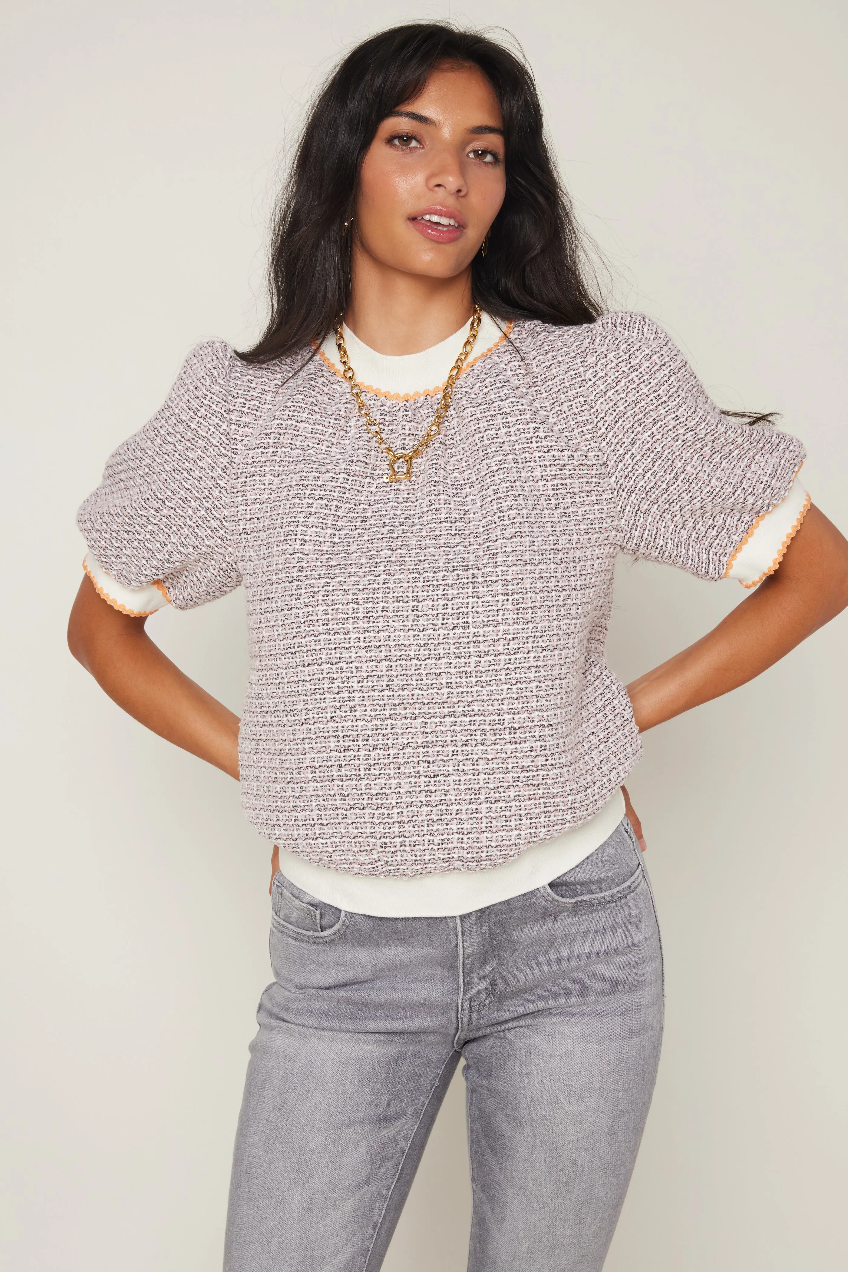 Sarah Zigzag Trim Detailed Tweed Top sold by fab'rik