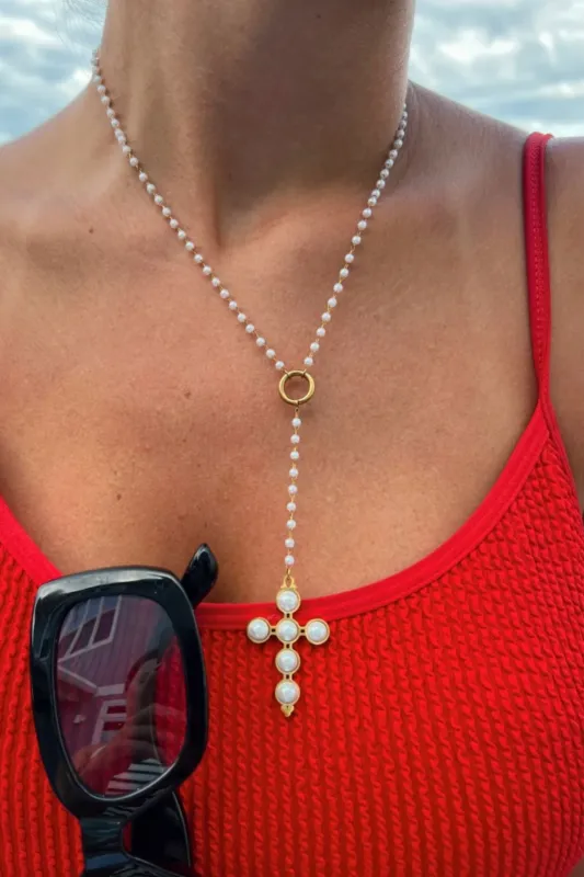 Lariat Pearl Cross Necklace sold by fab'rik