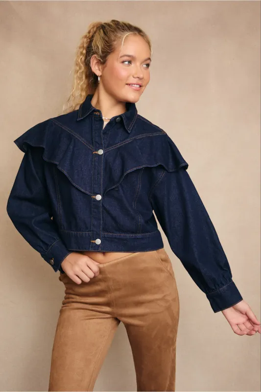 Becca Ruffle Detail Denim Jacket sold by fab'rik